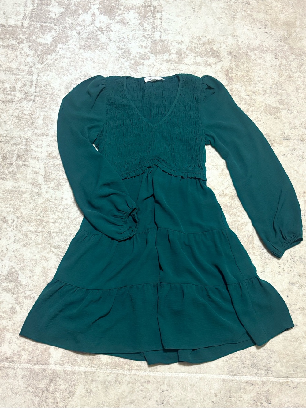 mittoshop Emerald Green Long Sleeve Tiered V-Neck Dress